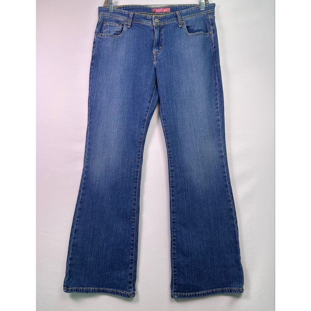 Levi’s 518 Superlow Bootcut Jeans Blue Wash Yellow Stitching Juniors 15M - Picture 2 of 14